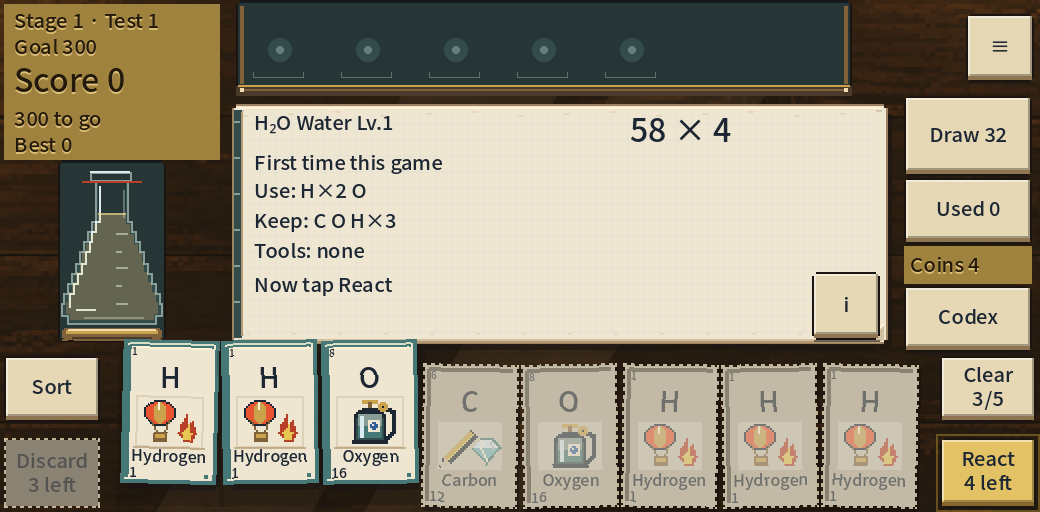 Select two Hydrogen cards and one Oxygen card, in the English game UI