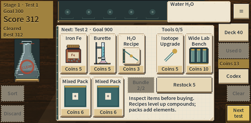 Choose tools and element packs between experiments, in the English game UI